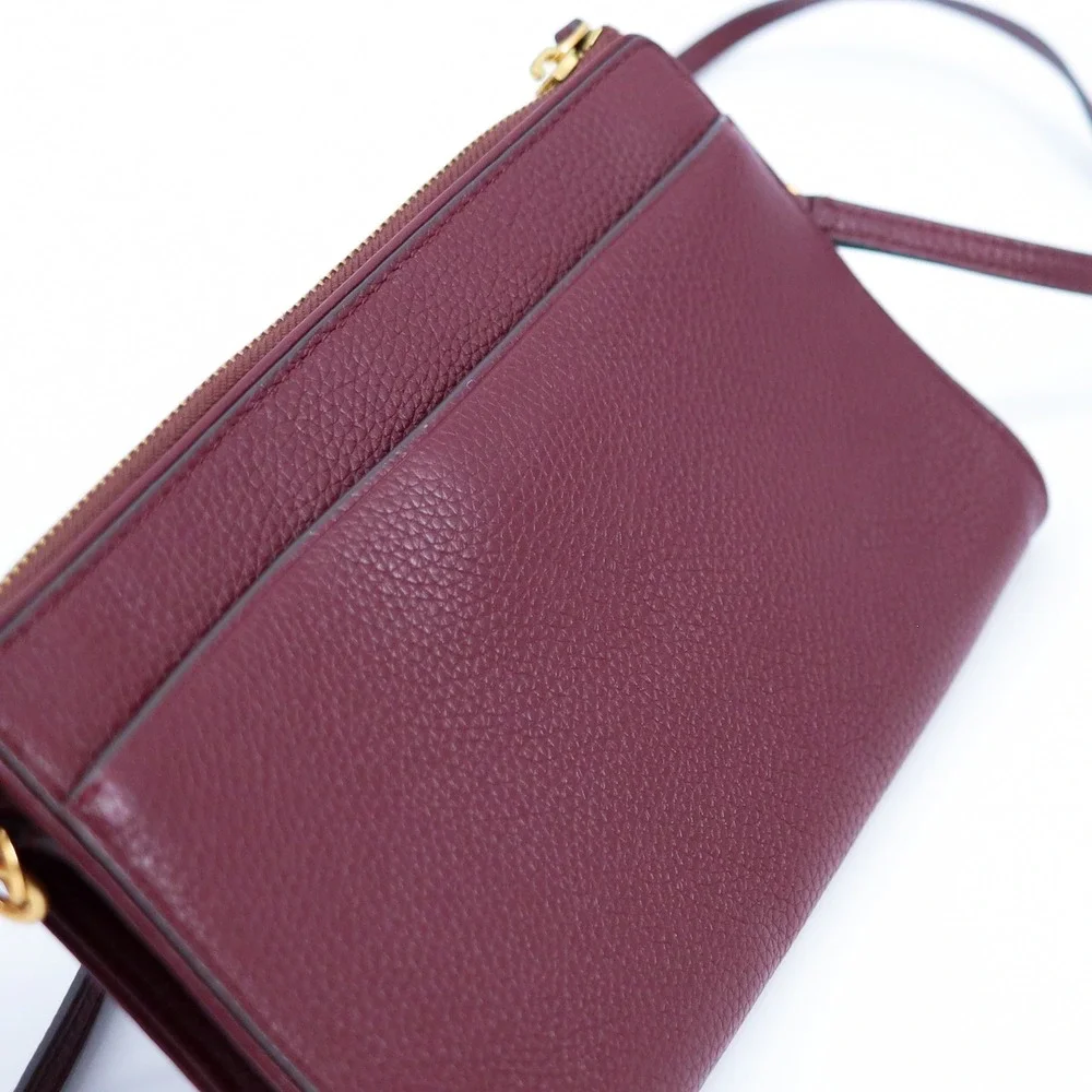 Tory Burch Crossbody‎ Bag Women Small Burgundy Pebbled Leather Gold Logo Zip Top